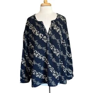 Wonderly Size 2X Navy Blue Floral Peasant Top V- Neck 3/4 Sleeve Boho Blouse